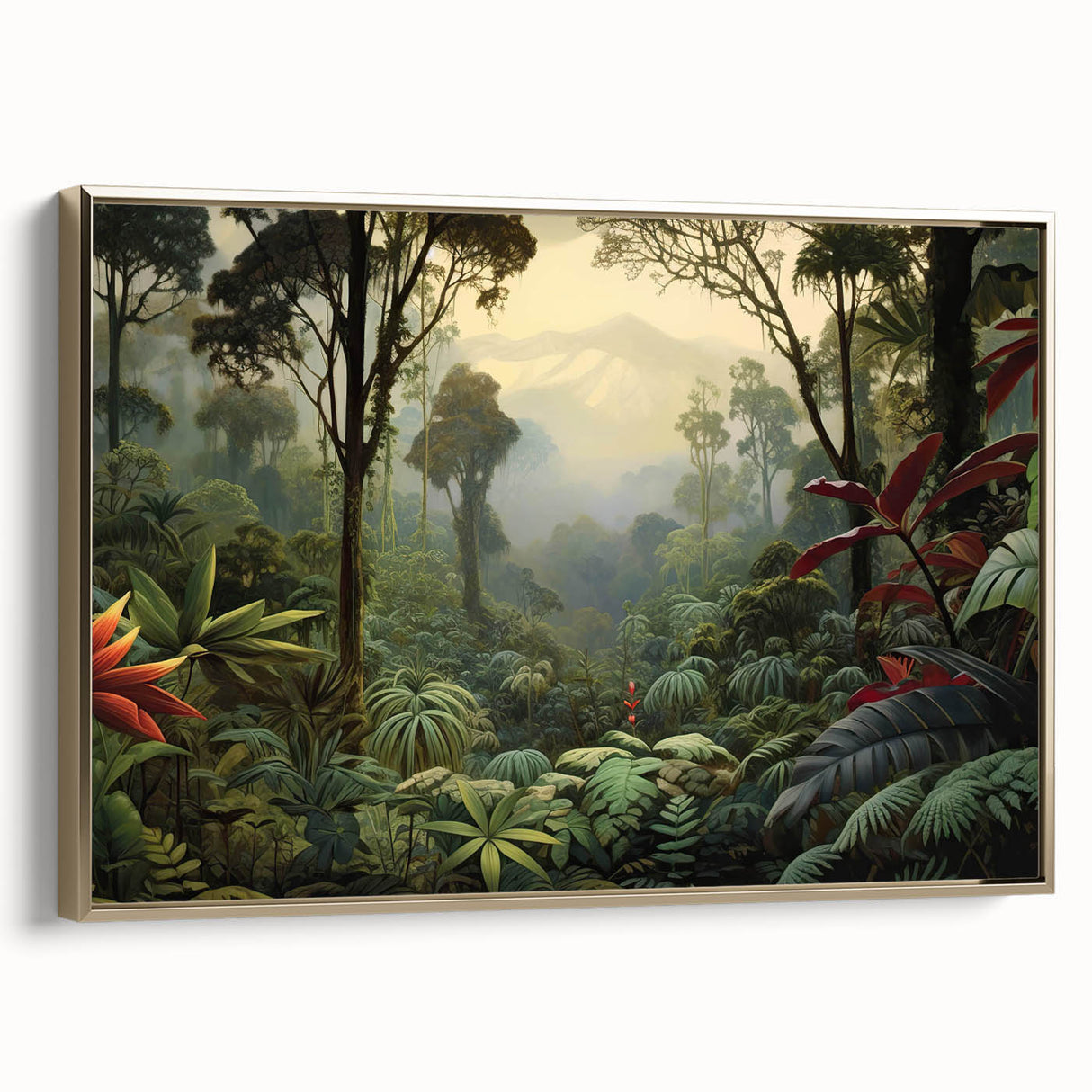 Framed canvas wall art showcasing a vibrant rainforest landscape design, featuring rich green foliage and golden accents, perfect for enhancing home decor.