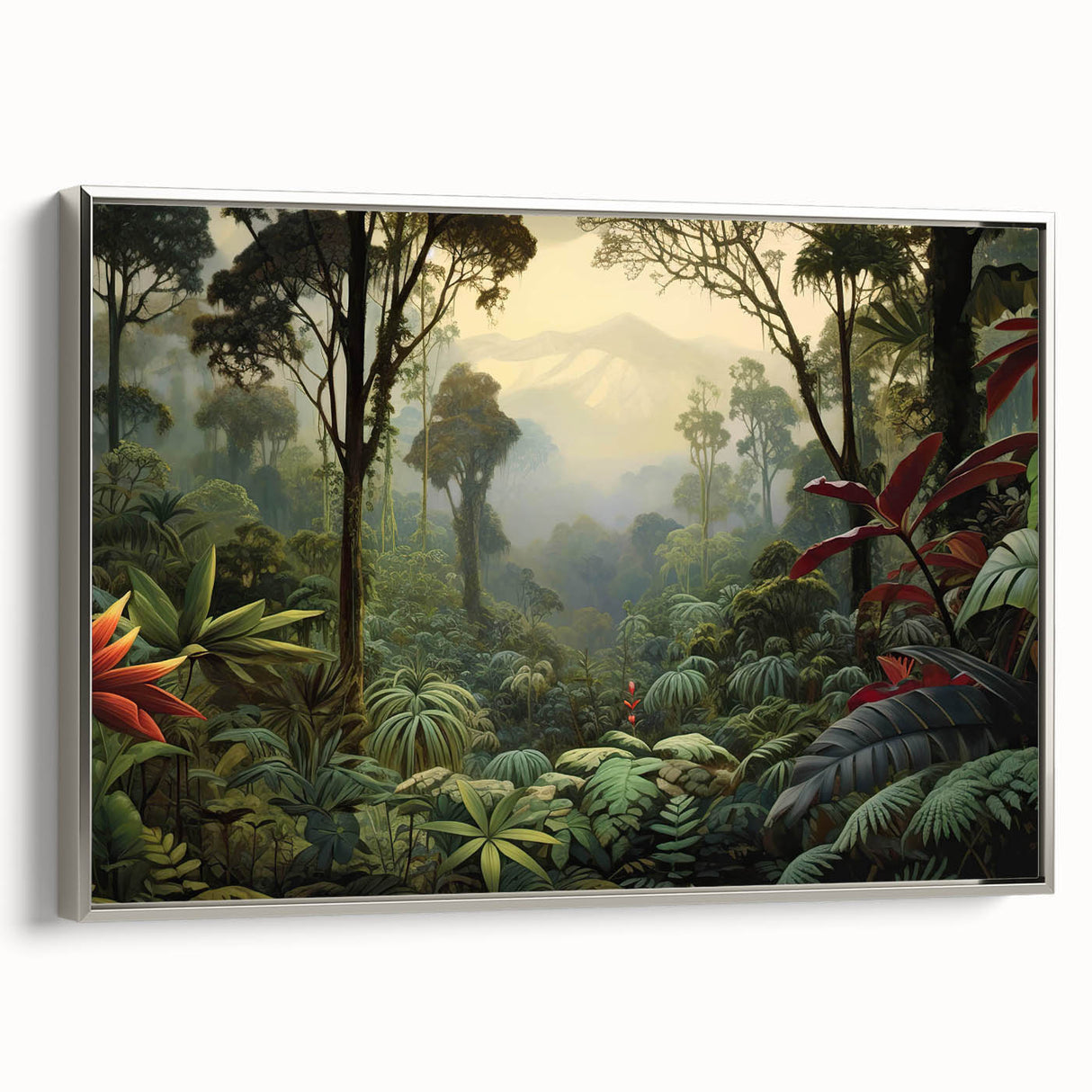 Framed canvas wall art showcasing a vibrant rainforest landscape design with rich greens and earthy tones, elegantly bordered in silver for a sophisticated look.