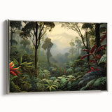 Framed canvas wall art showcasing a vibrant rainforest landscape design with rich greens and earthy tones, elegantly bordered in silver for a sophisticated look.