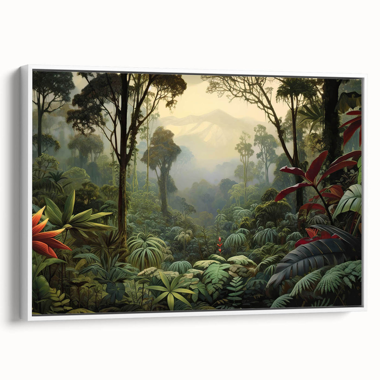 Framed canvas wall art featuring a vibrant rainforest landscape design, showcasing lush green foliage and colorful flora, presented with a white frame for a modern aesthetic.