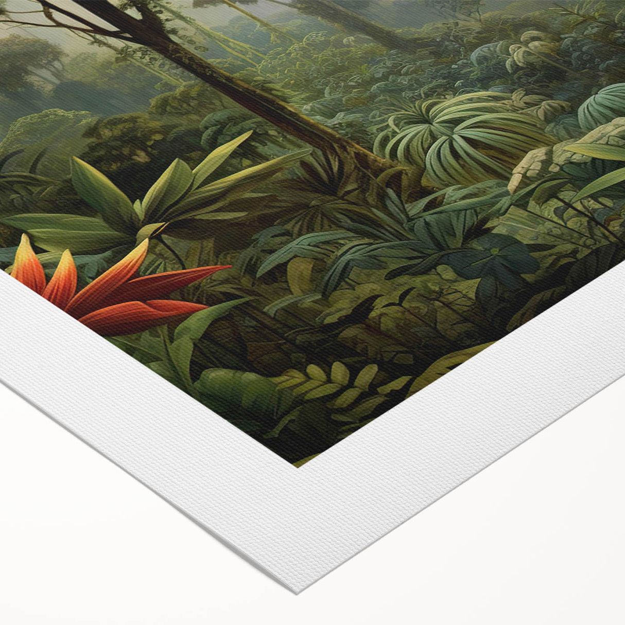 Vibrant rolled canvas artwork showcasing a lush rainforest landscape, featuring rich greens and blues with intricate details, ideal for nature-themed decor.
