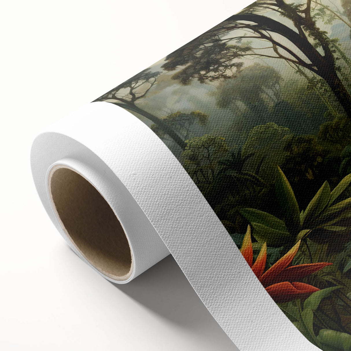 Vibrant rainforest landscape wall art on rolled canvas, showcasing rich green foliage and intricate details, perfect for enhancing modern decor.