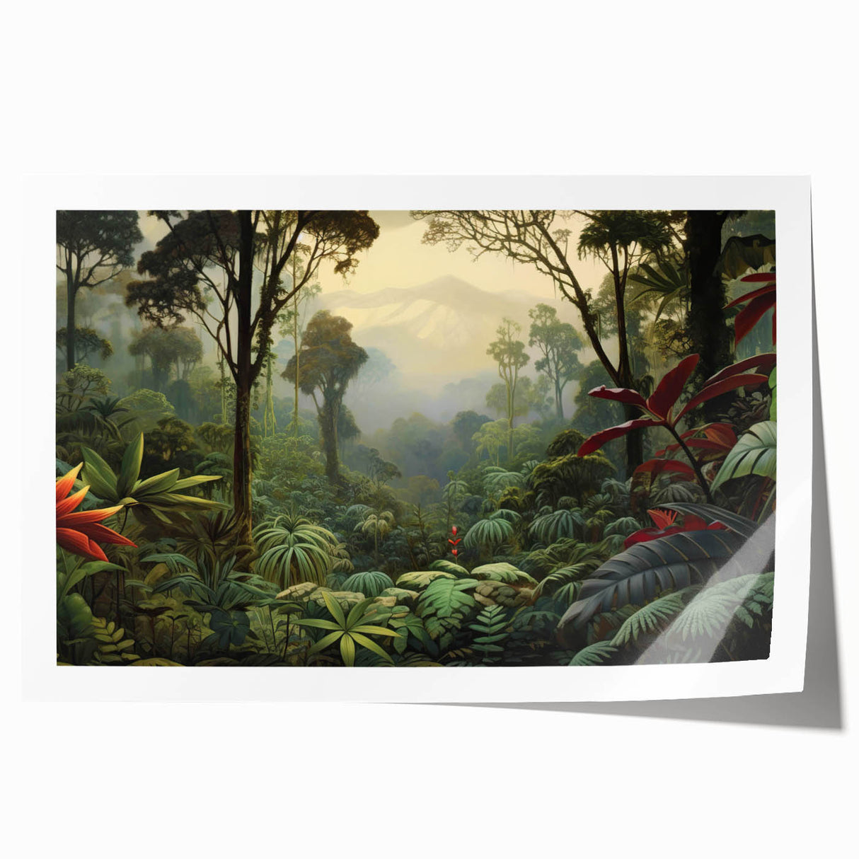 Vibrant rainforest landscape wall art print showcasing lush greenery and tropical flora, rolled for easy transport and display, perfect for nature-inspired decor.