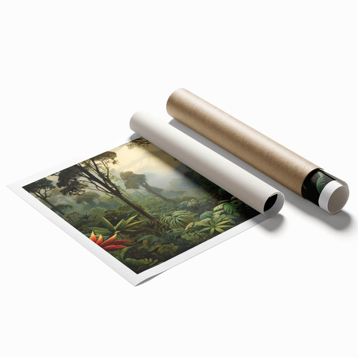 Vibrant rolled print of a lush rainforest landscape, showcasing rich greens and intricate details, perfect for home decor or nature-themed settings.