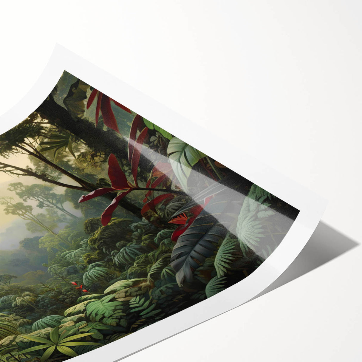 Vibrant rainforest landscape wall art print showcasing lush greenery and colorful flora, rolled for easy shipping and display in various settings. Perfect for nature-inspired decor.