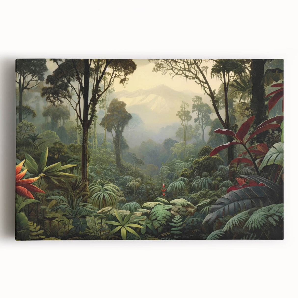 Vibrant rainforest landscape wall art canvas showcasing lush greenery and tropical plants, ideal for home decor or nature enthusiasts, enhancing any interior space.