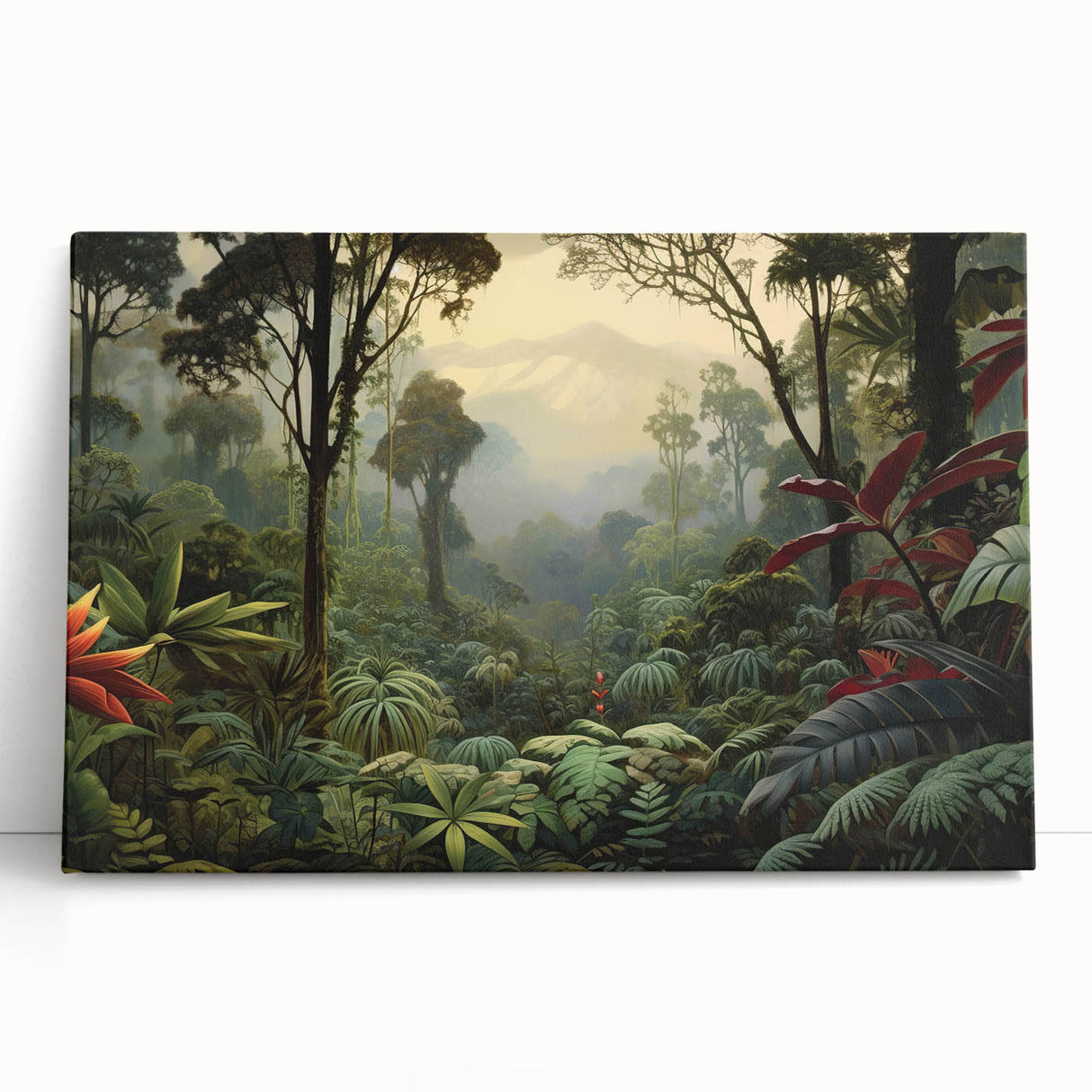 Vibrant rainforest landscape canvas art showcasing lush greenery and diverse flora, elegantly leaning against a neutral wall, perfect for home decor.