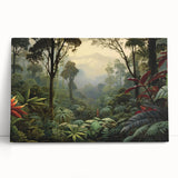 Vibrant rainforest landscape canvas art showcasing lush greenery and diverse flora, elegantly leaning against a neutral wall, perfect for home decor.