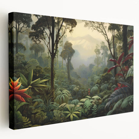 Stretched canvas wall art showcasing a vibrant rainforest landscape design, featuring lush greens and intricate details, perfect for home decor or nature enthusiasts.