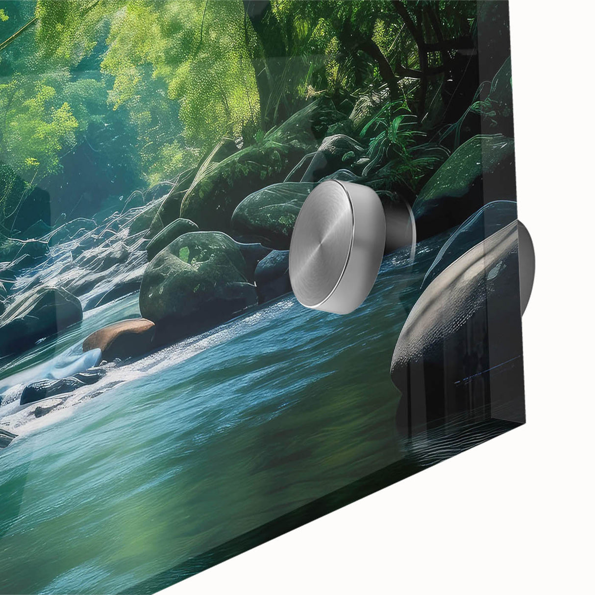 Close-up of vibrant rainforest wall art design on acrylic glass, showcasing lush green foliage and intricate details, perfect for nature-inspired decor.