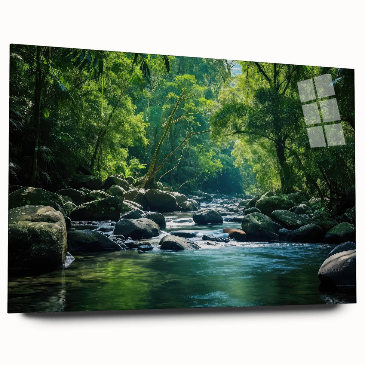 Acrylic wall art depicting a vibrant rainforest landscape, showcasing lush greenery and colorful foliage, displayed in a sleek side view without pins, perfect for nature enthusiasts.