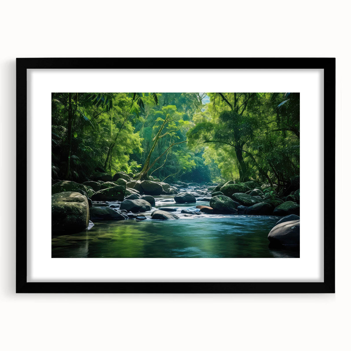 Framed wall art featuring a vibrant rainforest landscape design with lush green foliage and colorful tropical plants, set against a sleek black frame and matting. Ideal for nature-inspired home decor.