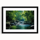 Framed wall art featuring a vibrant rainforest landscape design with lush green foliage and colorful tropical plants, set against a sleek black frame and matting. Ideal for nature-inspired home decor.