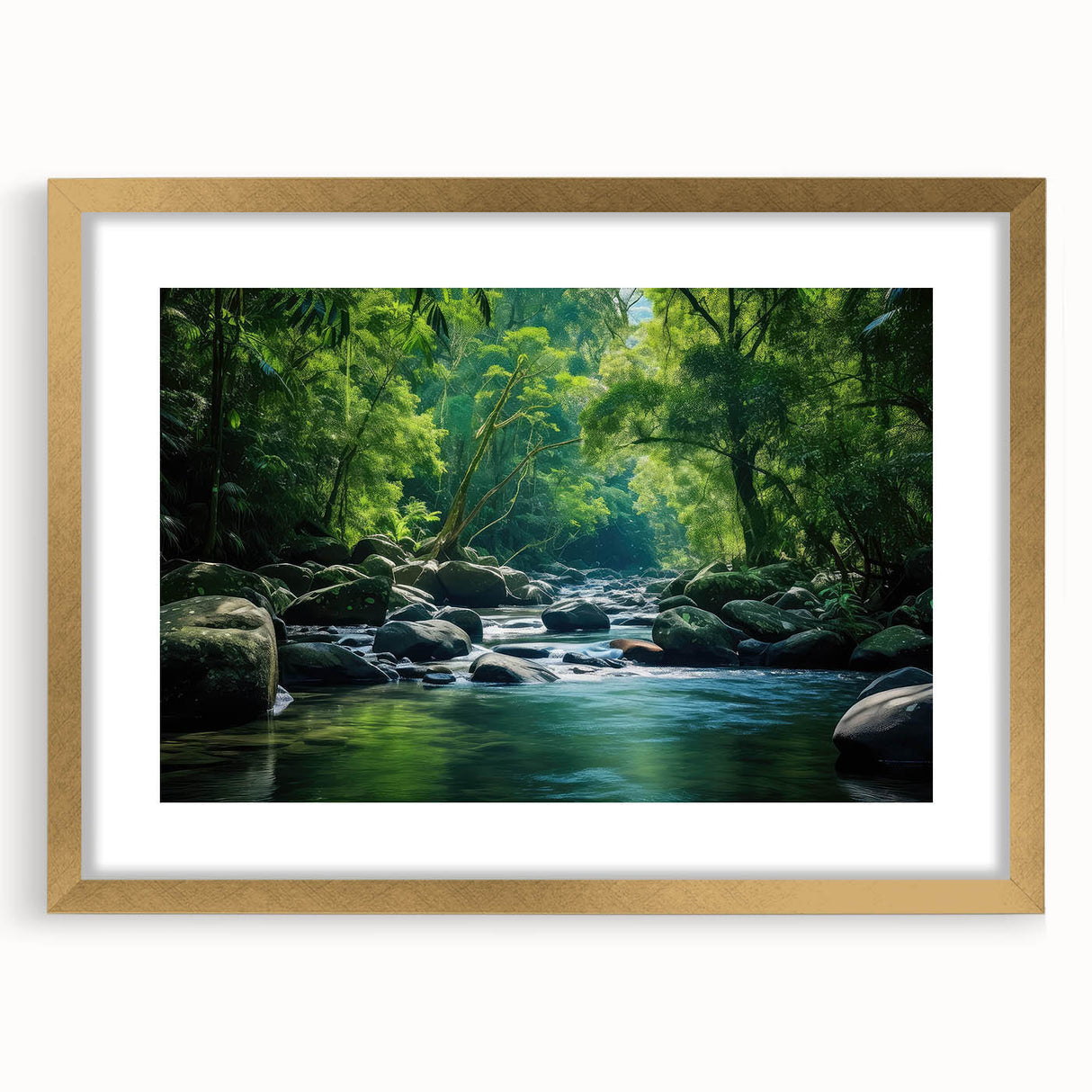 Framed rainforest landscape wall art in gold, featuring vibrant green foliage and serene nature imagery, perfect for home decor accentuating tranquility.