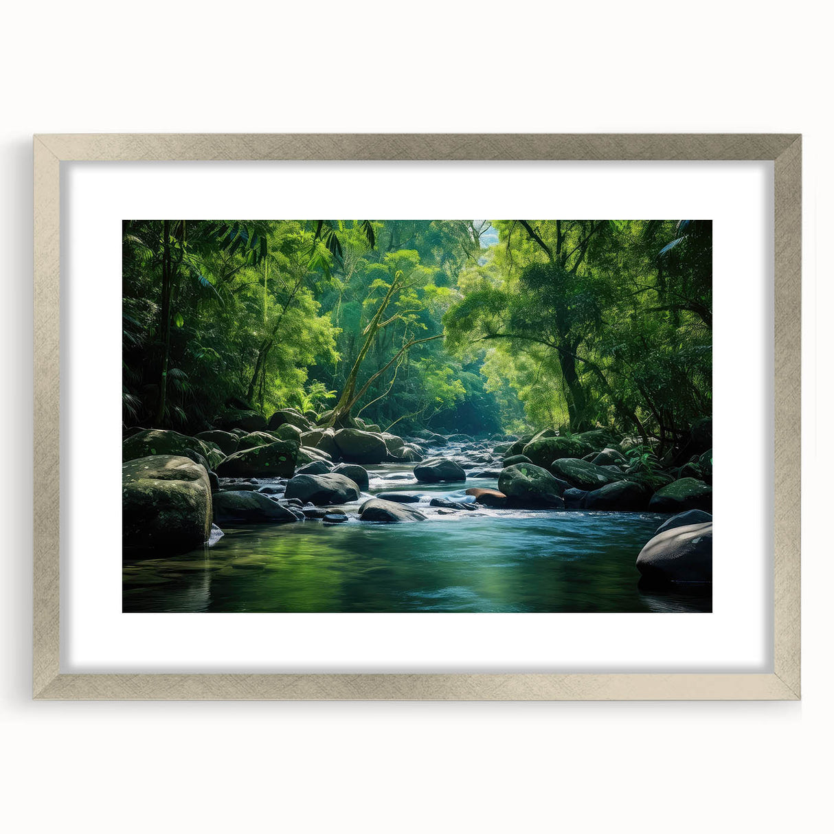 Framed rainforest landscape wall art showcasing vibrant greens and earthy tones, elegantly designed with a silver frame and mat, perfect for home decor.