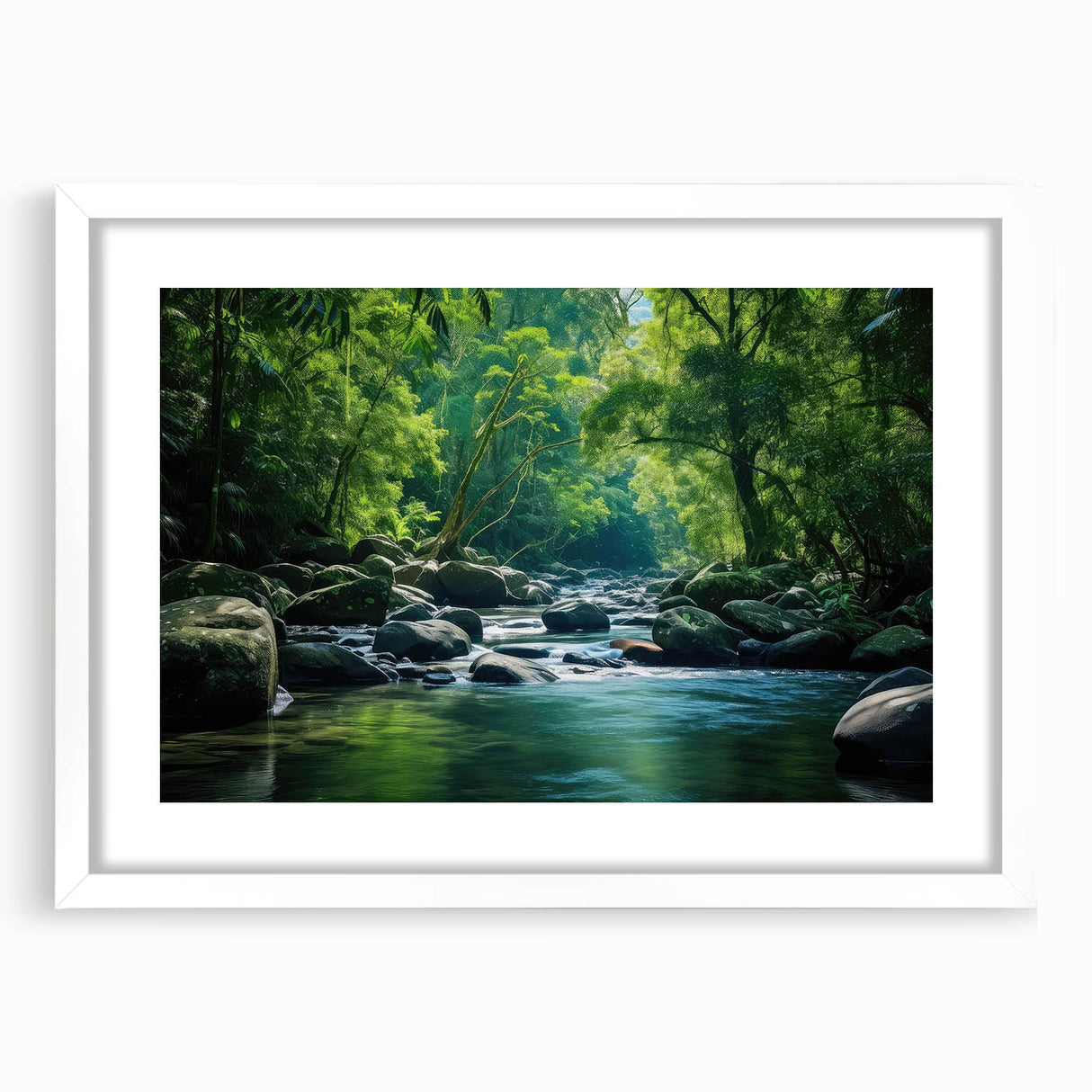 Framed rainforest landscape wall art design with a white mat, showcasing lush greenery and vibrant colors, perfect for enhancing home decor in any room.