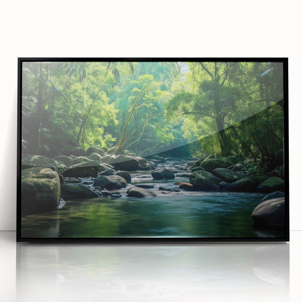 Framed acrylic wall art showcasing a vibrant rainforest landscape with lush greenery and intricate details, presented in a sleek black frame, ideal for nature-themed decor.