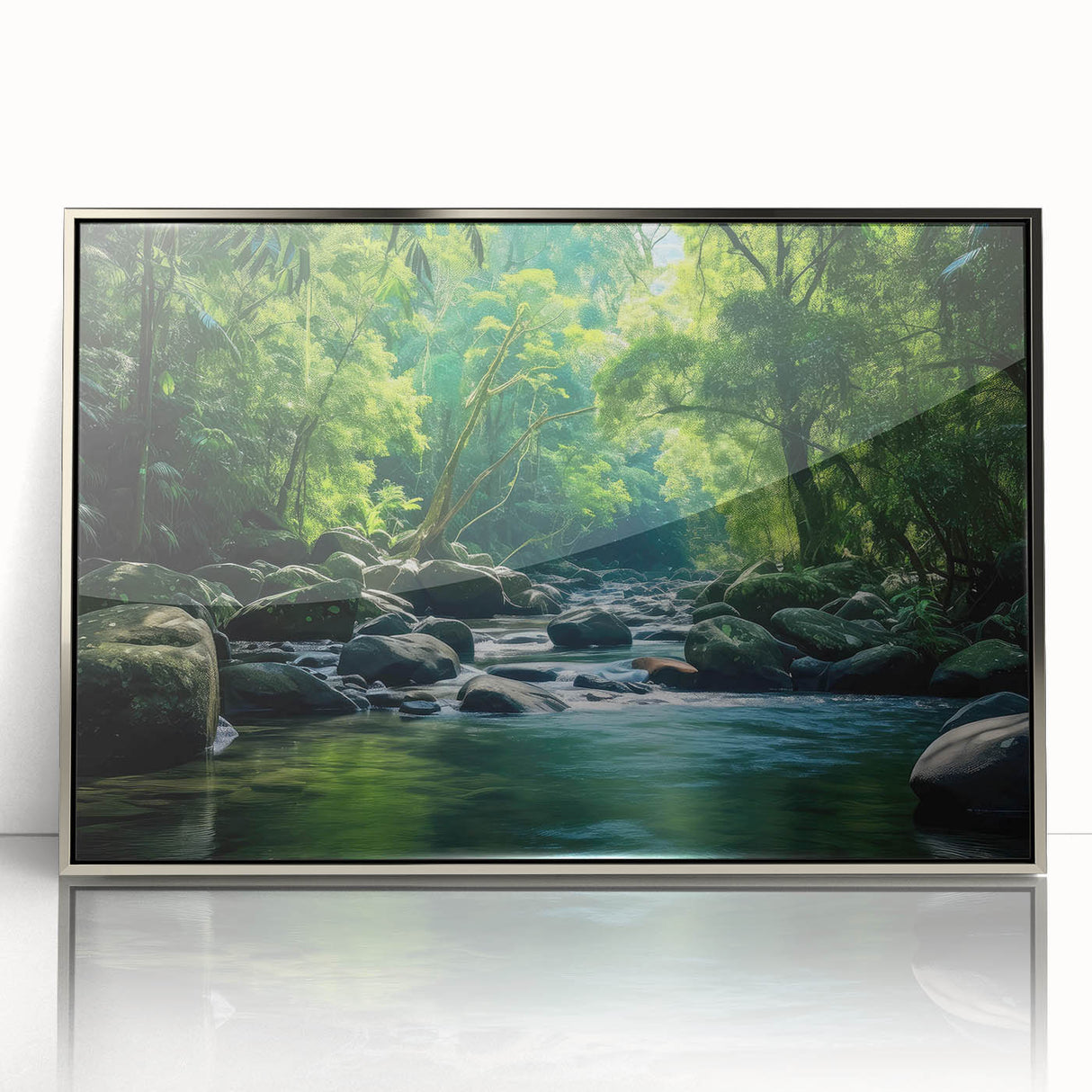Framed wall art piece showcasing a vibrant rainforest landscape design, featuring lush greenery and intricate details in a sleek silver frame, ideal for enhancing interior decor.