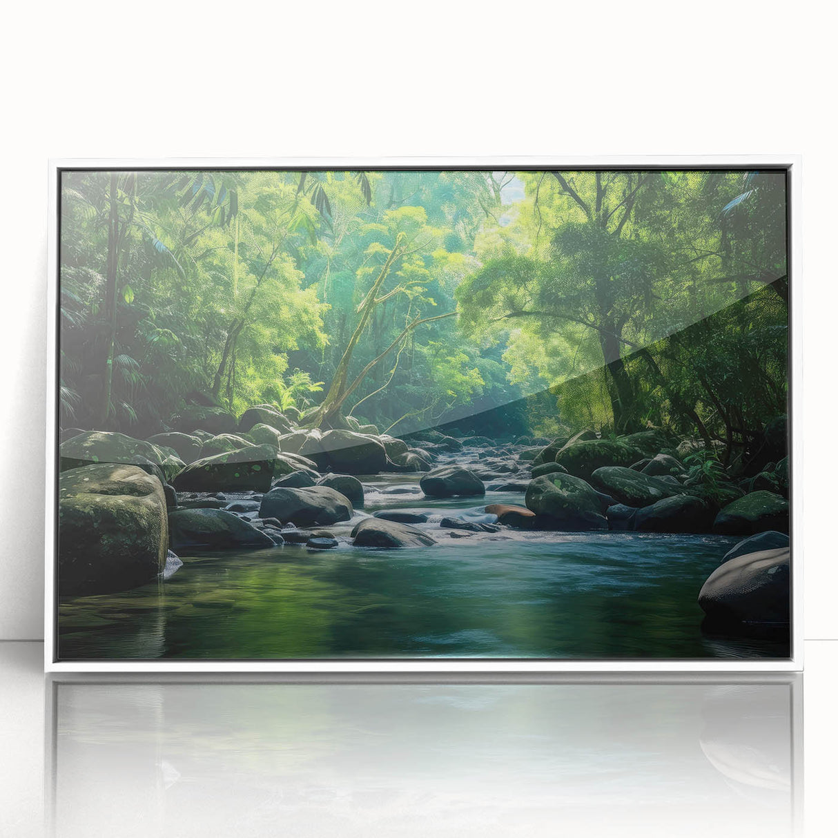 Framed acrylic wall art featuring a vibrant rainforest landscape design, showcasing lush greenery and vivid colors, ideal for enhancing home decor.