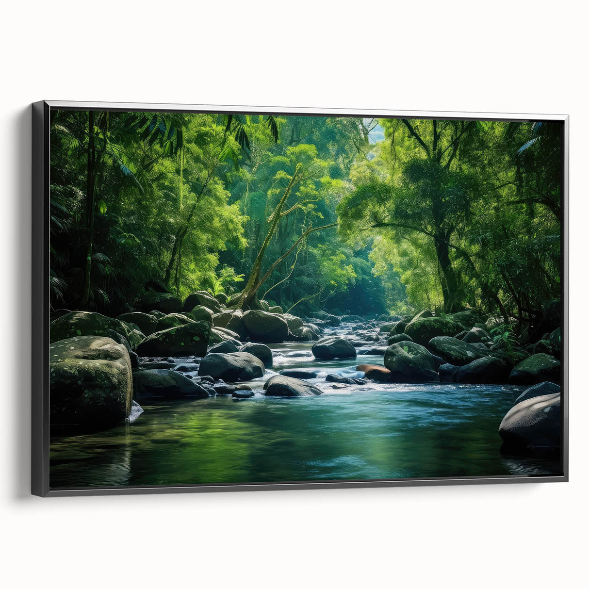 Framed canvas wall art showcasing a lush rainforest landscape design, featuring vibrant green hues and intricate details, ideal for enhancing home decor.