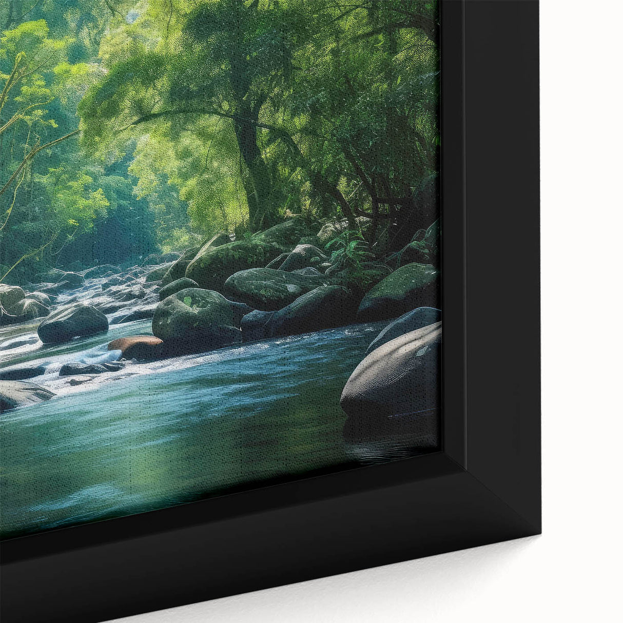 Close-up of a vibrant rainforest-themed wall art piece, showcasing rich greens and intricate details of foliage, elegantly framed for enhanced display. Ideal for nature lovers and home decor enthusiasts.