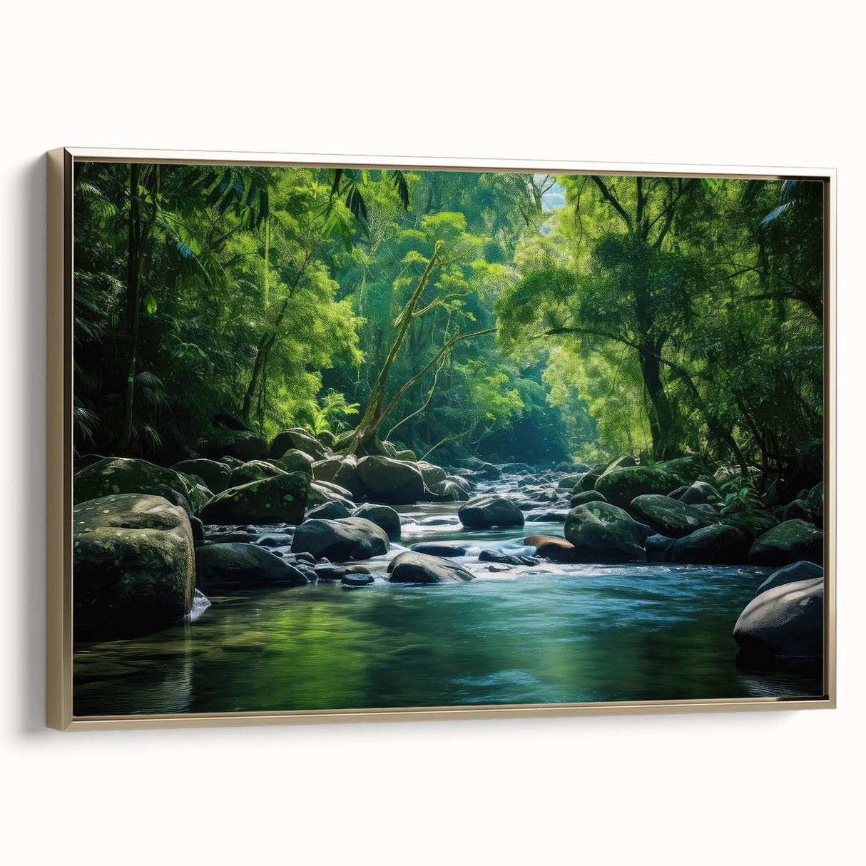 Framed canvas wall art showcasing a vibrant rainforest landscape design with lush green foliage and golden accents, ideal for enhancing home decor.