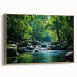 Framed canvas wall art showcasing a vibrant rainforest landscape design with lush green foliage and golden accents, ideal for enhancing home decor.