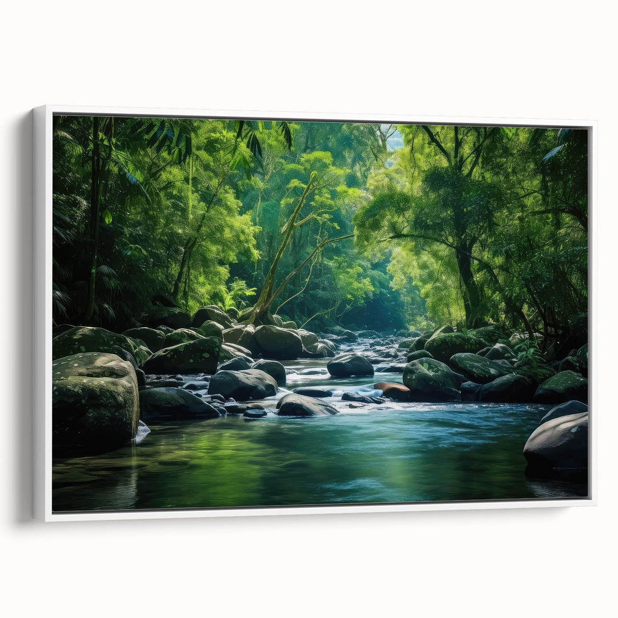 Framed canvas artwork showcasing a vibrant rainforest landscape design, featuring lush greenery and tropical elements, elegantly displayed in a white frame.