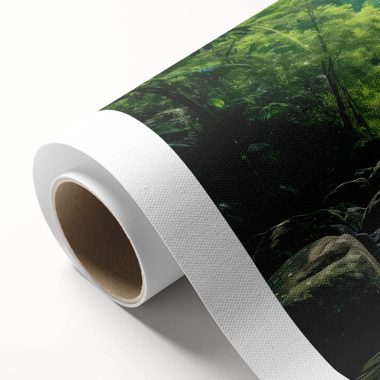 Vibrant rolled canvas showcasing a lush rainforest landscape with rich greens and earthy tones, ideal for nature-themed decor or art collection.