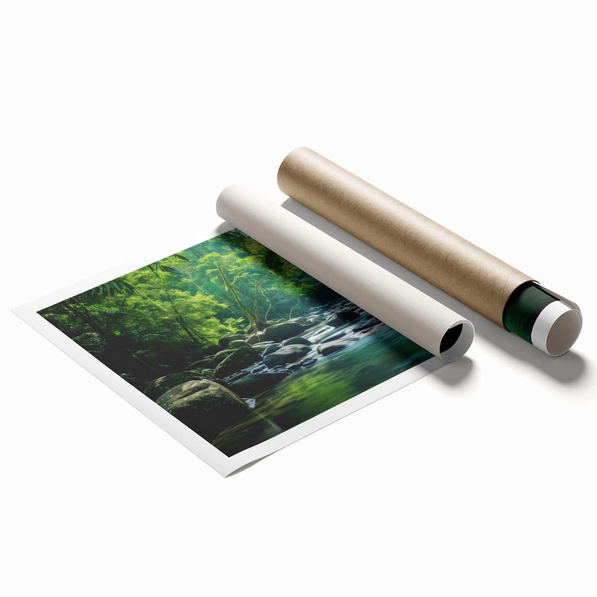 Vibrant rainforest landscape wall art design showcasing lush greenery and exotic flora, rolled and ready for display, ideal for nature-inspired decor.