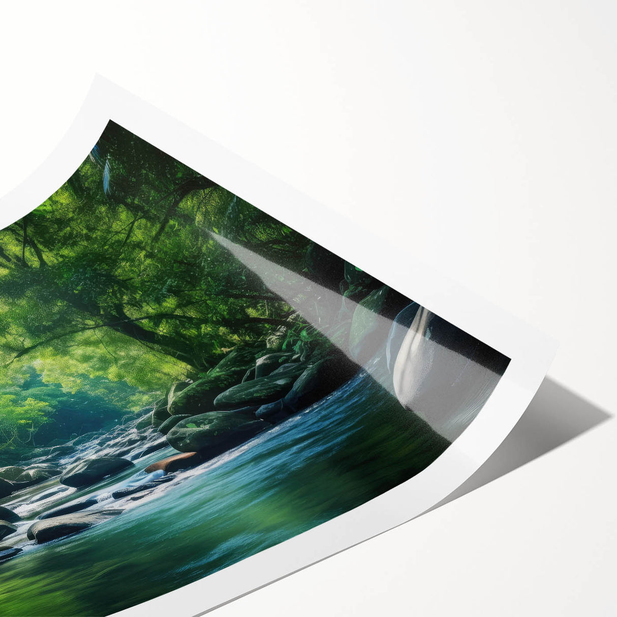 Vibrant rainforest landscape wall art print showcasing lush green foliage and tropical flora, rolled and ready for framing, perfect for nature-inspired decor.