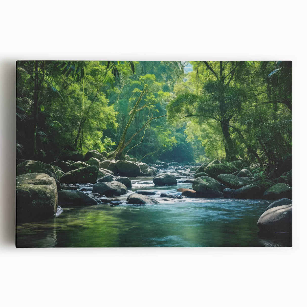 Vibrant stretched canvas artwork depicting a lush rainforest landscape with rich greens and blues, ideal for enhancing home decor and creating a serene atmosphere.