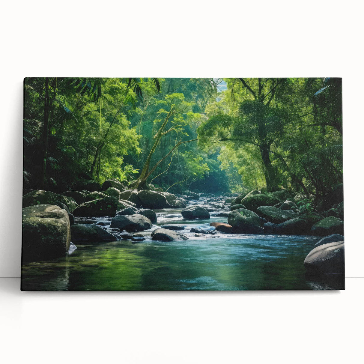 Vibrant rainforest landscape wall art on stretched canvas, showcasing lush greenery and intricate detailing, perfect for enhancing any living space decor.