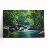 Vibrant rainforest landscape wall art on stretched canvas, showcasing lush greenery and intricate detailing, perfect for enhancing any living space decor.