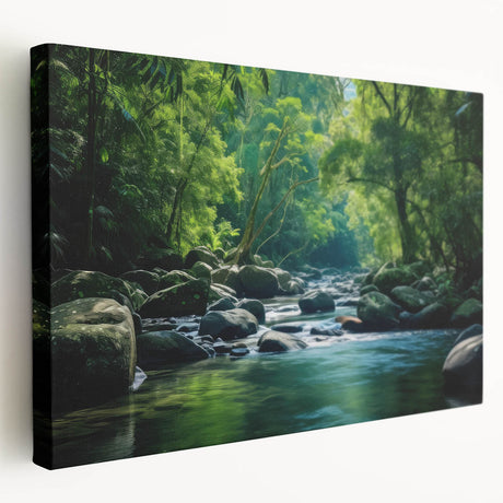 Stretched canvas wall art depicting a vibrant rainforest landscape, showcasing lush greenery and rich colors, ideal for nature lovers and home decor enthusiasts.