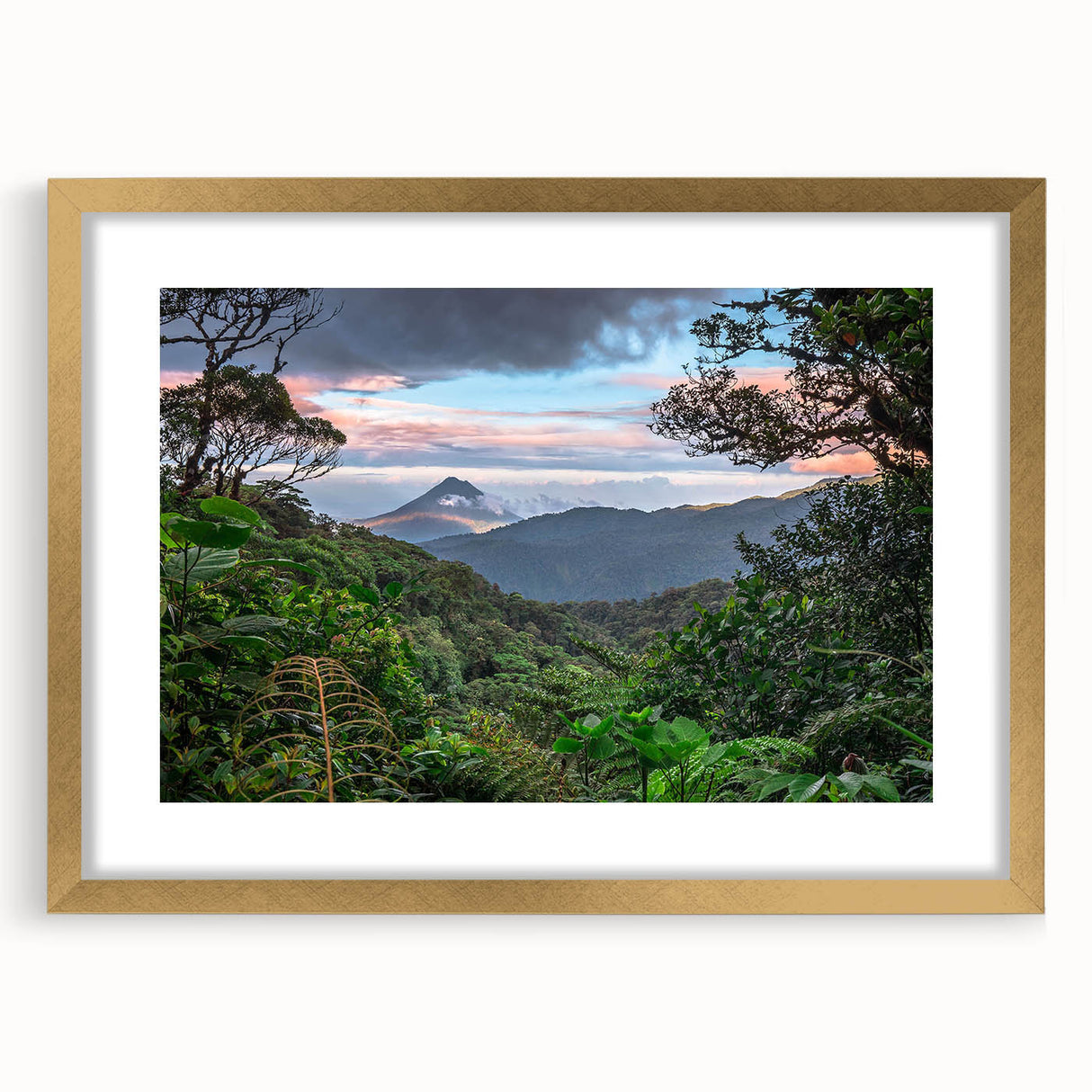 Framed rainforest landscape wall art collection with a gold mat and sleek frame, showcasing vibrant greens and earthy tones, perfect for nature-inspired decor.