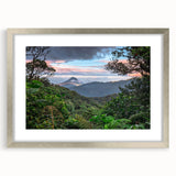 Framed rainforest landscape wall art collection featuring vibrant green foliage and serene nature scenes, accented with a silver mat for an elegant display.