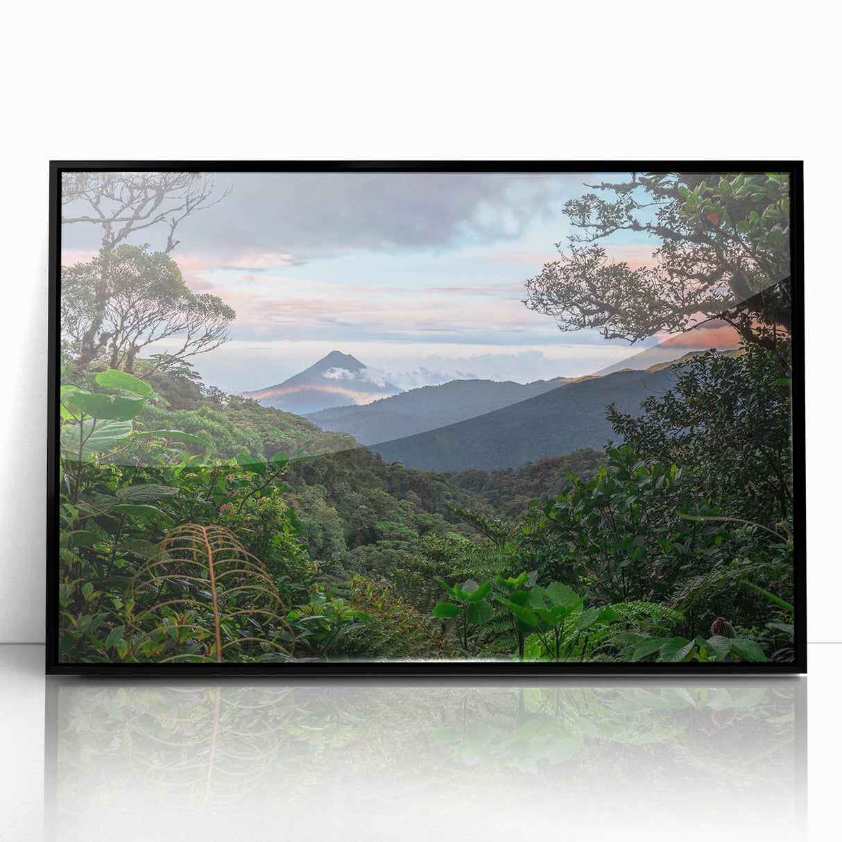 Framed acrylic wall art showcasing a vibrant rainforest landscape design with rich green foliage and colorful flowers, ideal for enhancing home decor.