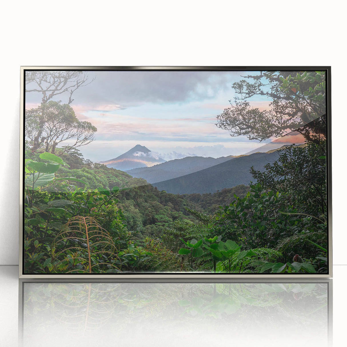 Framed acrylic wall art collection showcasing vibrant rainforest landscapes, featuring lush green foliage and intricate details, elegantly presented in a silver frame for a modern aesthetic. Perfect for nature-themed decor and enhancing interior spaces with a touch of the tropics.
