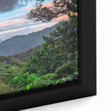 Framed canvas close-up showcasing a vibrant rainforest landscape design, featuring rich greens and earthy tones, ideal for nature-inspired decor.
