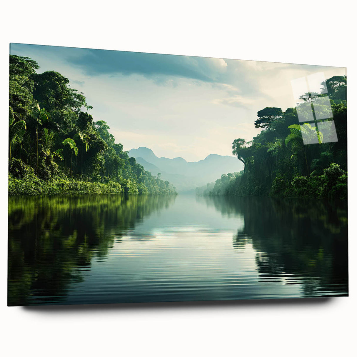 Acrylic glass wall art collection showcasing a vibrant rainforest landscape design, viewed from the side, highlighting its modern aesthetics and stunning colors. Perfect for enhancing home décor.