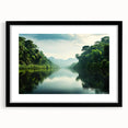 Framed rainforest landscape wall art collection featuring vibrant greens and earthy tones, set in a sleek black frame with a white mat, ideal for nature-inspired decor.