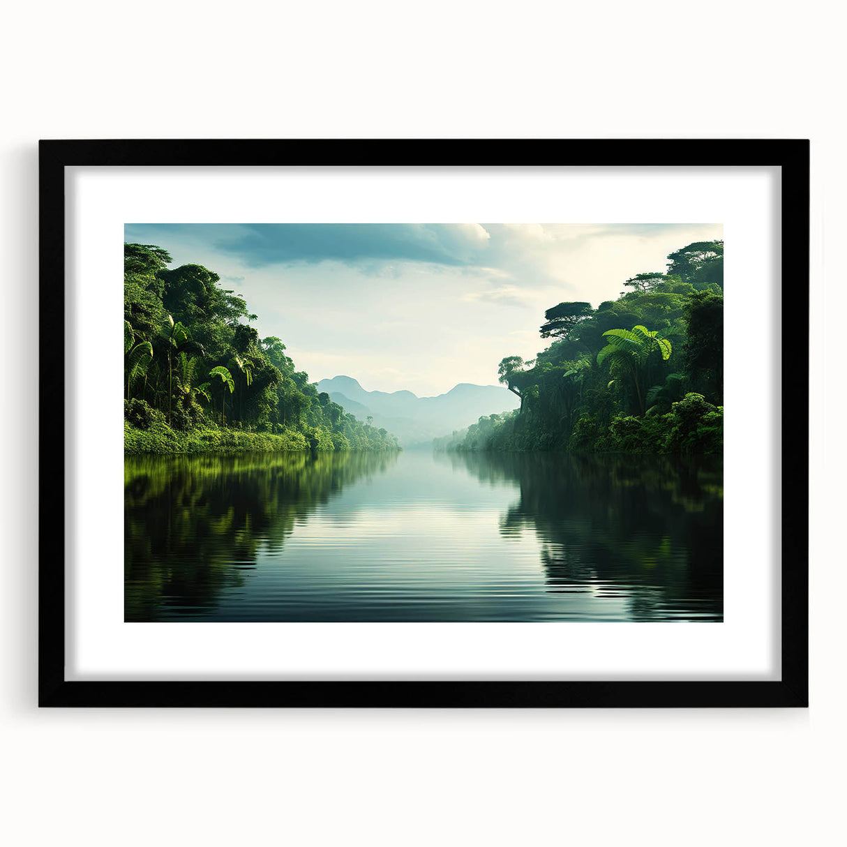 Framed rainforest landscape wall art collection featuring vibrant greens and earthy tones, set in a sleek black frame with a white mat, ideal for nature-inspired decor.