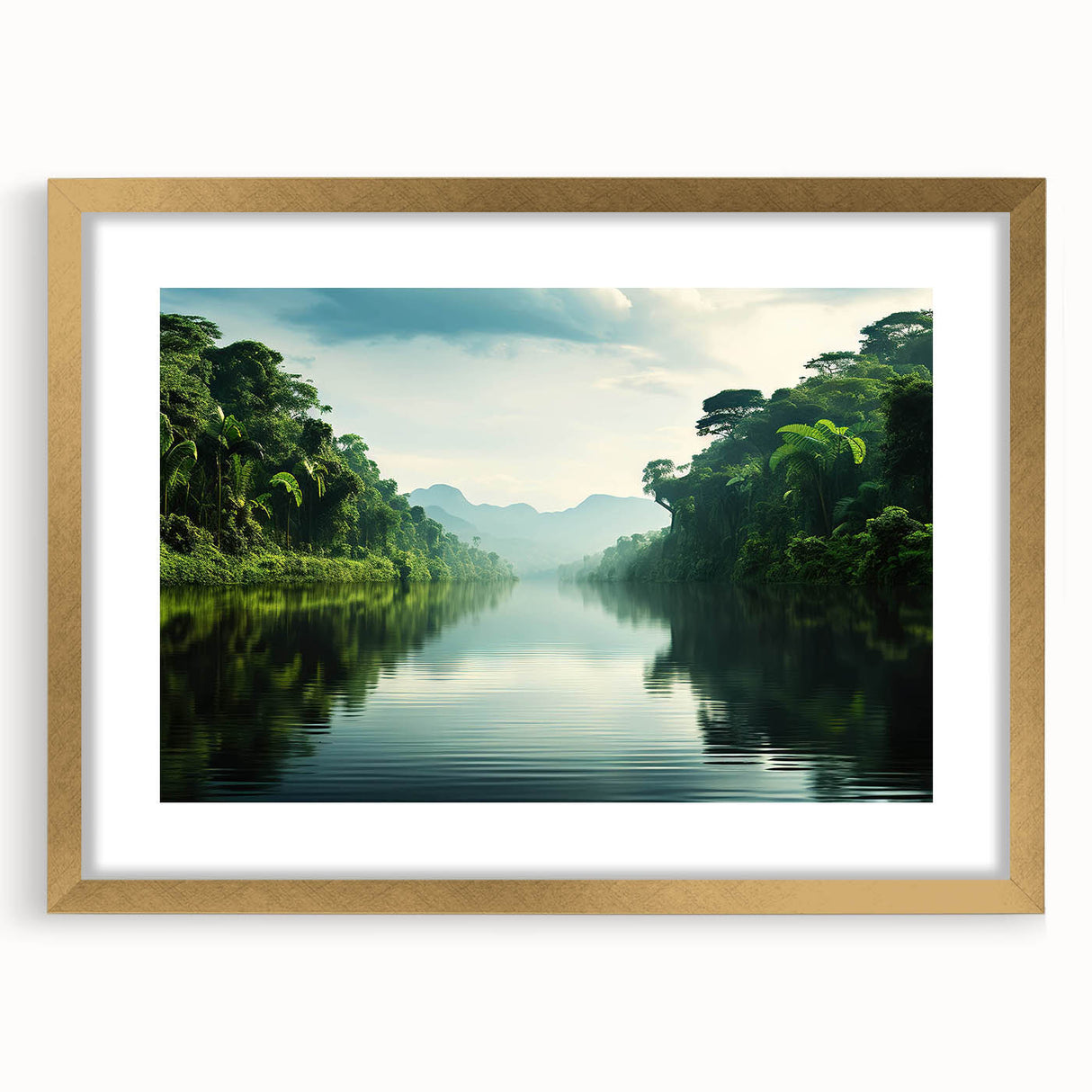 Framed rainforest landscape wall art featuring vibrant greens and gold accents, ideal for adding a touch of nature-inspired elegance to any decor.