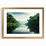 Framed rainforest landscape wall art featuring vibrant greens and gold accents, ideal for adding a touch of nature-inspired elegance to any decor.