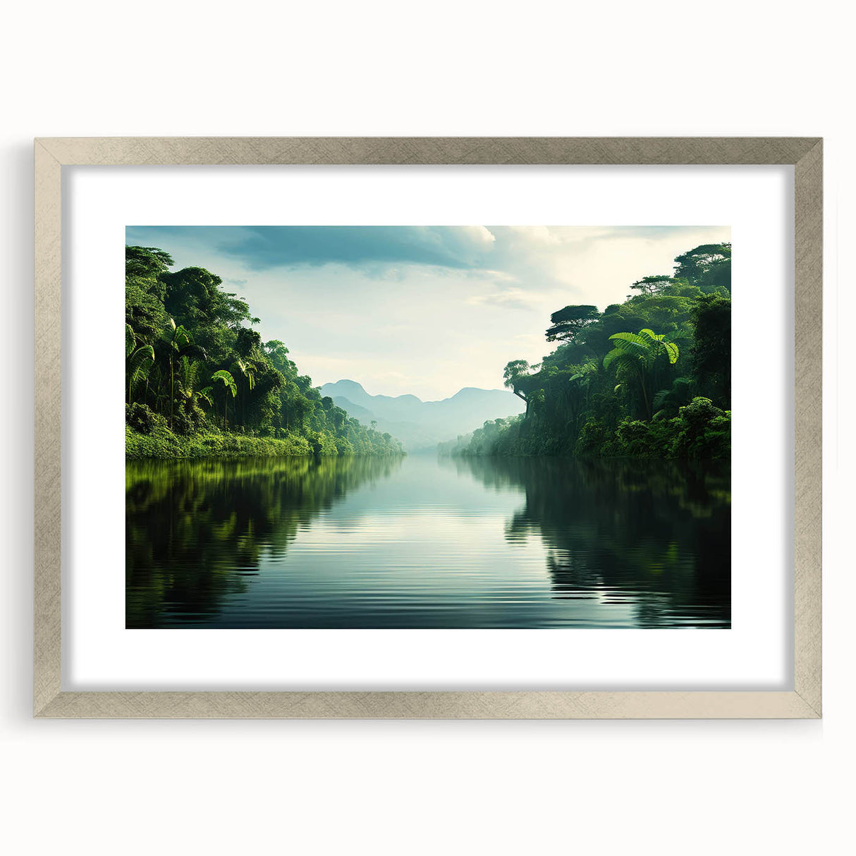 Framed silver wall art featuring a vibrant rainforest landscape design, elegantly matted for display, perfect for enhancing home decor with a touch of nature.