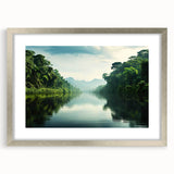 Framed silver wall art featuring a vibrant rainforest landscape design, elegantly matted for display, perfect for enhancing home decor with a touch of nature.
