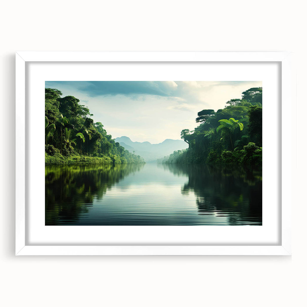 Framed wall art showcasing a vibrant rainforest landscape design, featuring lush greenery and tropical colors, with a white mat and sleek frame, perfect for home decor.