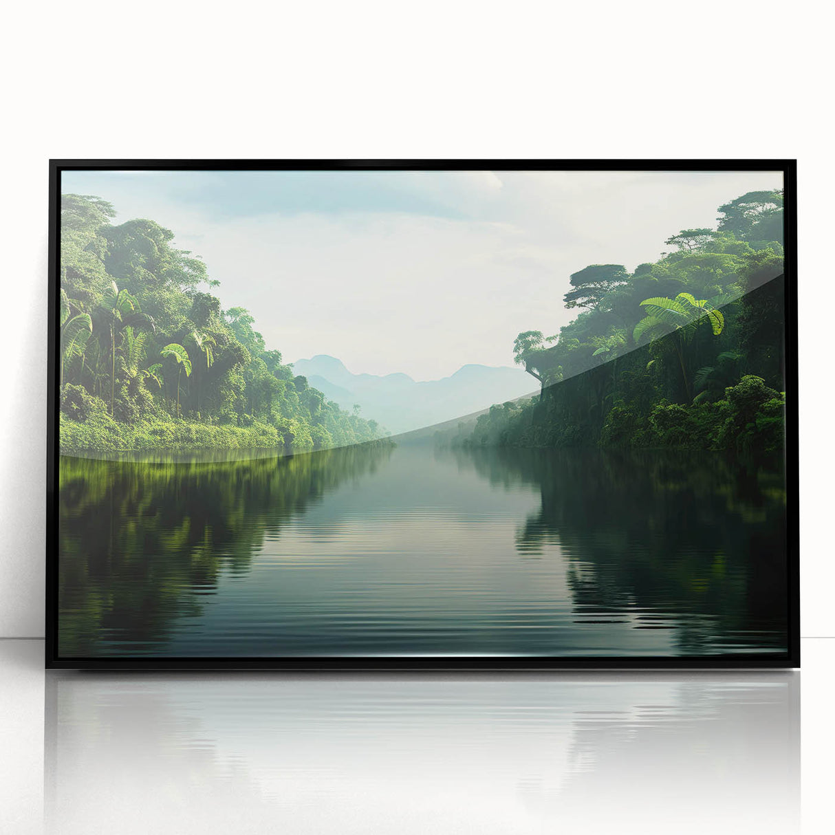 Framed acrylic wall art showcasing a vibrant rainforest landscape, featuring rich greens and intricate details, designed to enhance modern decor. Ideal for nature enthusiasts and interior design lovers.