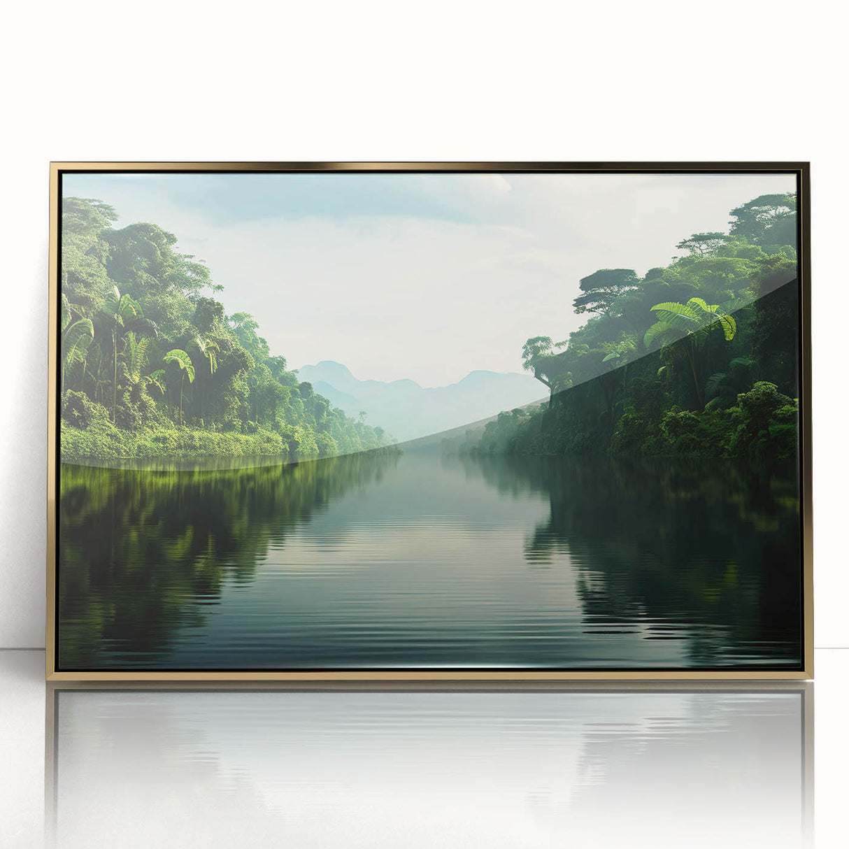 Framed acrylic wall art showcasing a vibrant rainforest landscape design with gold accents, perfect for modern home decor. Ideal for nature enthusiasts and art collectors.